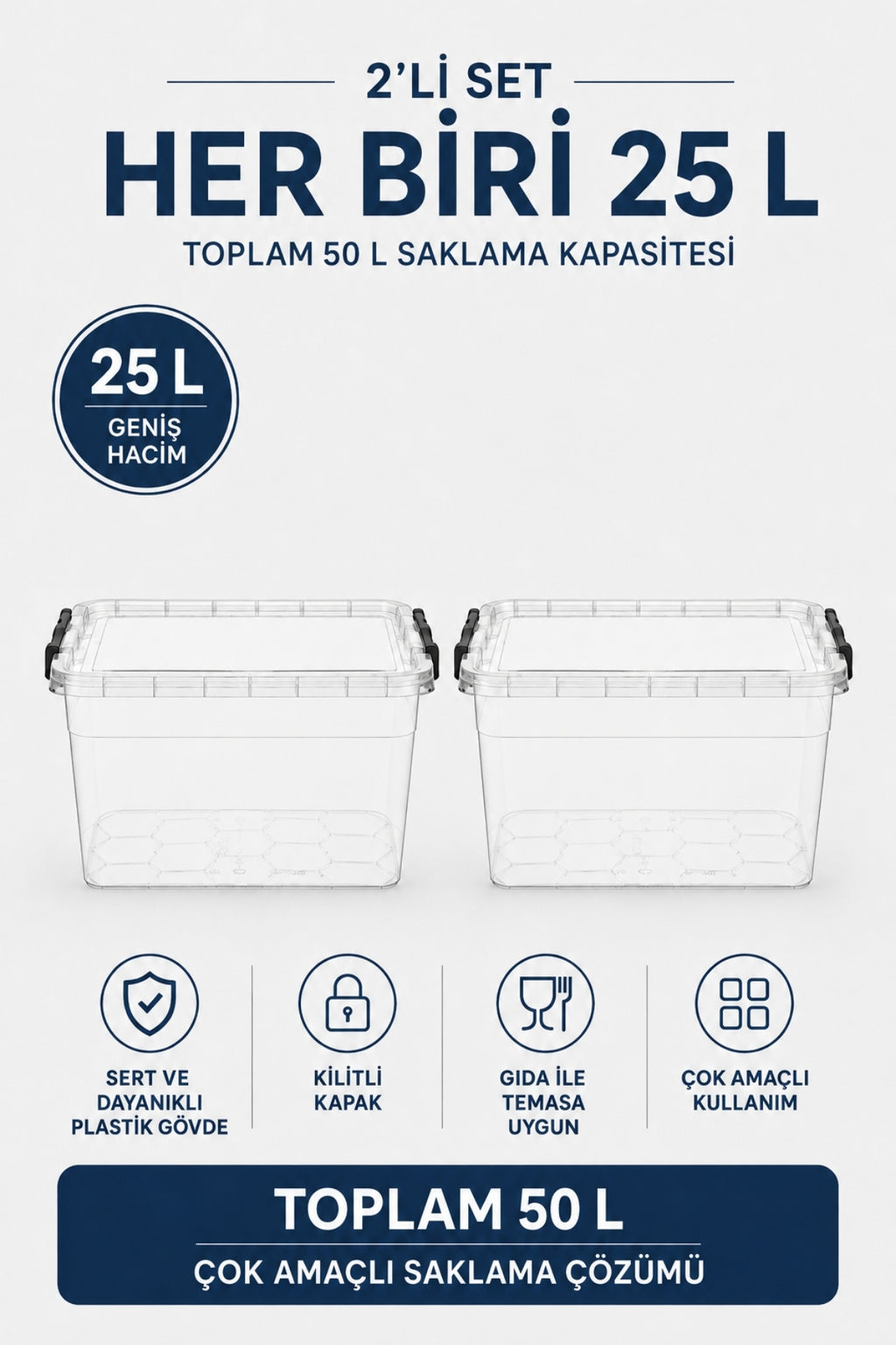 NUAEN 25 L kilitli şeffaf saklama kutusu, 2’li set