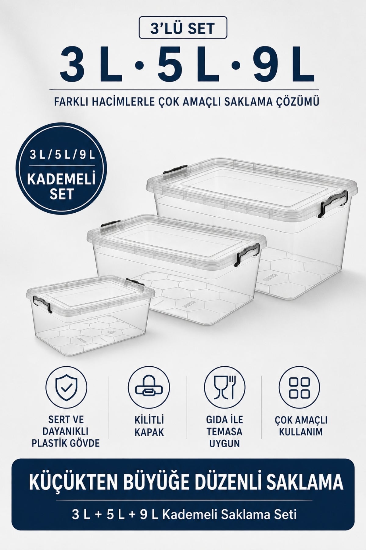 NUAEN 3 L + 5 L + 9 L kilitli şeffaf saklama kutusu seti