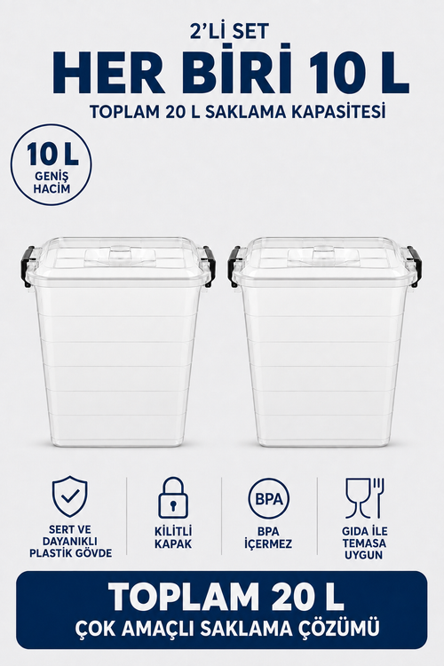 NUAEN 10 L kilitli şeffaf erzak saklama kabı, 2’li set