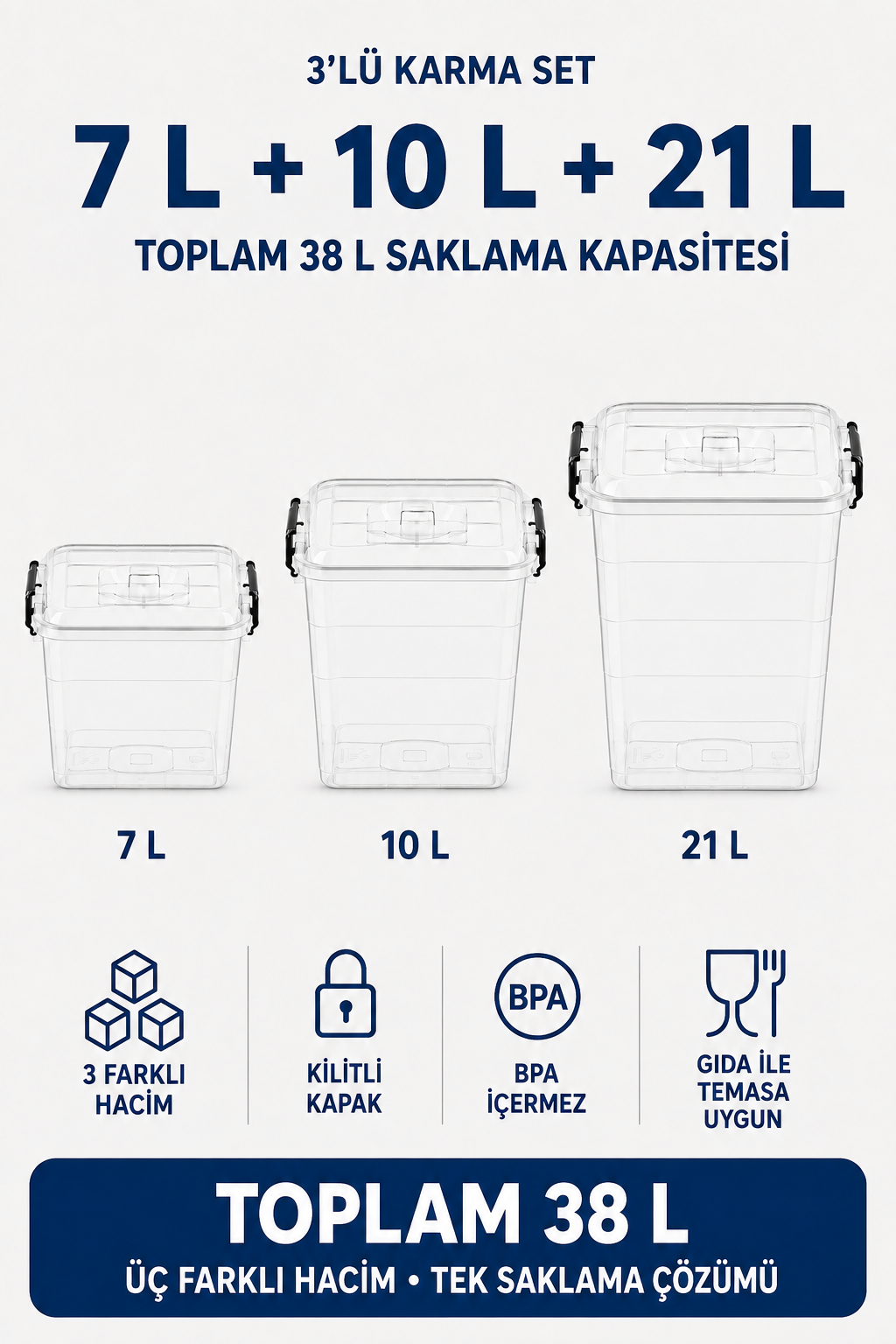 NUAEN 7 L, 10 L ve 21 L kilitli şeffaf erzak saklama kabı seti