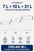 NUAEN 7 L, 10 L ve 21 L kilitli şeffaf erzak saklama kabı seti